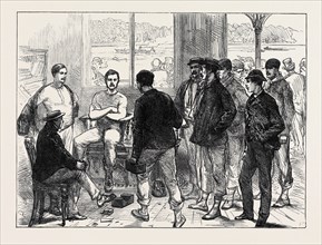 THE UNIVERSITIES' BOAT RACE ON THE THAMES: WEIGHING THE CREW, 1874