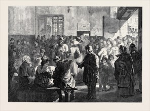 THE DISTRESS IN PARIS: GIVING SOUP TO THE POOR AT THE CHARITY KITCHEN, RUE DE SEVRES, 1874