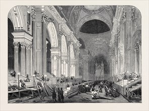 PREPARATION IN ST. PAUL'S CATHEDRAL, FOR THE FUNERAL OF THE DUKE: THE NAVE, BY GASLIGHT, 1852