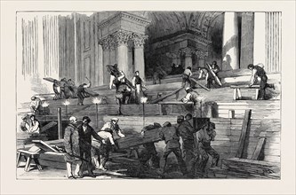 PREPARATION IN ST. PAUL'S CATHEDRAL, FOR THE FUNERAL OF THE DUKE: SIDE AISLE, BY GASLIGHT, 1852