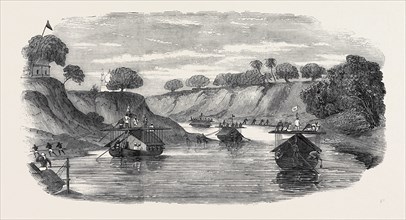 THE REGIMENT OF LOODIANAH (GORDON'S SIKHS) ON THEIR VOYAGE DOWN THE GOUMTEE FROM LUCKNOW, TO EMBARK