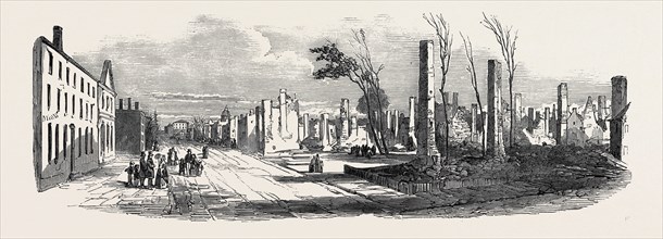 RUINS OF THE GREAT FIRE AT MONTREAL, ST. DENIS STREET, NEAR THE BISHOP'S CHURCH, 1852
