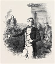 THE BUCKS ELECTION, MR. DISRAELI ADDRESSING THE ELECTORS IN THE COUNTY HALL, AYLESBURY, 1852