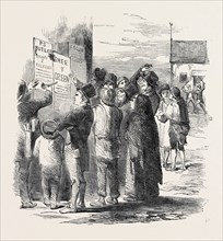 THE KILKENNY ELECTION, PEASANTRY READING THE CANDIDATES' ADDRESSES, 1852