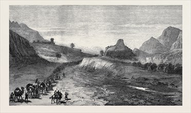THE AFGHAN WAR: THE ISHPOLA TOPE, WITH LINE OF MARCH IN THE DRY BED OF THE KHYBER RIVER, 1879