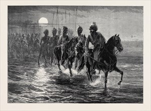 THE AFGHAN WAR: A RAID AGAINST THE MOMUNDS. THE 11TH BENGAL LANCERS CROSSING THE KUNAR RIVER, 1879