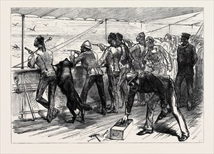 THE ZULU WAR: PRACTISING FOR THE ZULUS ON BOARD THE PRETORIA ON THE VOYAGE TO NATAL, 1879