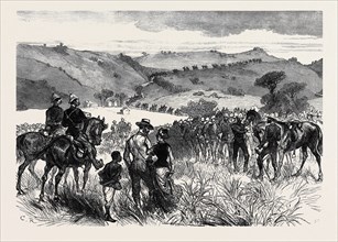 THE ZULU WAR: KING'S DRAGOON GUARDS ON THE MARCH: HALTING FOR THE NIGHT AT PINETOWN, 1879