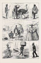 SKETCHES IN SOUTH AFRICA: 1. Young Zulu Chief, Natal; 2. Kaffir Chief, robed in a kaross of jackal