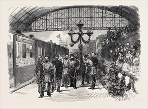 ARRIVAL OF THE SULTAN AT THE CHARING CROSS TERMINUS OF THE SOUTH EASTERN RAILWAY, LONDON, UK, 1867