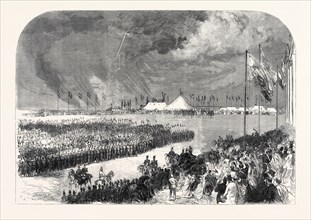 RECEPTION OF THE BELGIAN RIFLEMEN AT THE CAMP ON WIMBLEDON COMMON, UK, 1867