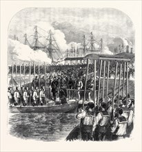 EMBARKATION OF THE SULTAN AT CLARENCE YARD, PORTSMOUTH, FOR THE NAVAL REVIEW, UK, 1867