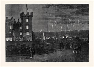THE QUEEN'S VISIT TO THE SCOTTISH BORDER: THE FIREWORKS AND BEACON FIRES VIEWED FROM FLOORS CASTLE,