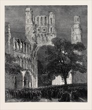 THE QUEEN'S VISIT TO THE SCOTTISH BORDER: KELSO ABBEY ILLUMINATED BY THE LIME-LIGHT, UK, 1867