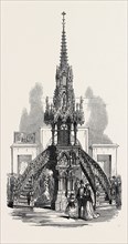 THE PARIS INTERNATIONAL EXHIBITION: CARVED OAK PULPIT IN THE RUE DE BELGIQUE, FRANCE, 1867
