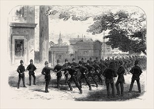 METROPOLITAN POLICE LEARNING THE CUTLASS EXERCISE AT THE WELLINGTON BARRACKS, UK, 1867