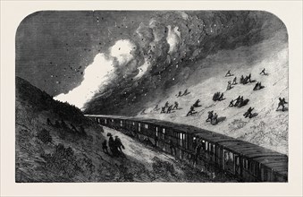 GOODS TRAIN ON FIRE RUN INTO BY AN EXPRESS MAIL TRAIN ON THE CALEDONIAN RAILWAY, UK, 1867