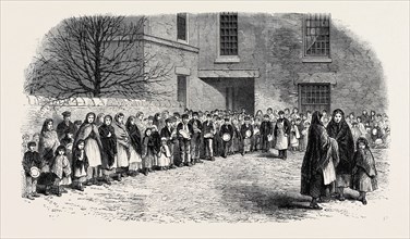 THE COTTON FAMINE: OPERATIVES WAITING FOR THEIR BREAKFAST IN MR. CHAPMAN'S COURTYARD, MOTTRAM, NEAR
