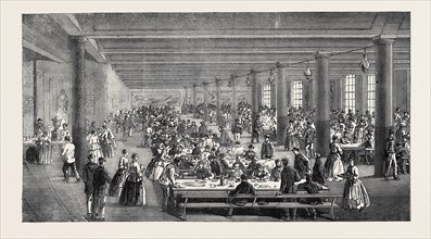 THE COTTON FAMINE: WORKING MEN'S DINING HALL, GAYTHORN COOKING DEPOT, MANCHESTER, 1862