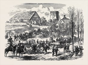 THE AUSTRO-PRUSSIAN WAR: PROVENDER WAGGONS OF THE PRUSSIAN ARMY PASSING THE SAXON FRONTIER, 1866