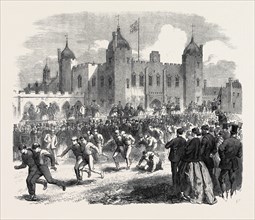 ATHLETIC GAMES AT THE ROYAL MILITARY ACADEMY, WOOLWICH: THE THREE-LEGGED RACE, UK, 1866
