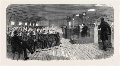 DIVINE SERVICE ON BOARD THE TRAINING SHIP "INDEFATIGABLE" AT LIVERPOOL, UK, 1866