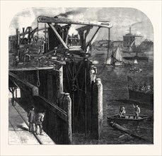 PROGRESS OF THE THAMES EMBANKMENT: CUTTING THE PILES WHICH FORM THE COFFERDAM, UK, 1866