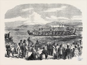 NATIVE GAMES AT TE PAPA CAMP, TAURANGA, NEW ZEALAND: WAR CANOES COMPETING FOR PRIZES, 1866
