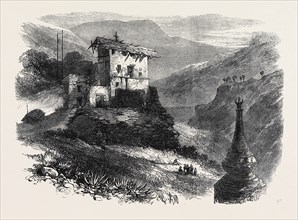 THE WAR IN BHOOTAN: THE BURNT PALACE OF THE RAJAH OF SALEEKA, 1866