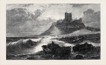 "BAMBOROUGH CASTLE, A SIGNAL OF DISTRESS IN THE OFFING," BY E. HAYES, R.H.A., IN THE EXHIBITION OF