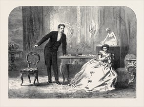 SCENE FROM "THE FAVOURITE OF FORTUNE," AT THE HAYMARKET THEATRE, LONDON, UK, 1866