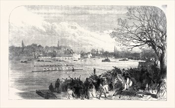 THE OXFORD AND CAMBRIDGE UNIVERSITY BOAT RACE: PASSING THE CRAB TREE, UK; 1866