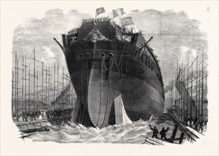 ATTEMPTED LAUNCH OF THE IRONCLAD FRIGATE NORTHUMBERLAND AT MILLWALL, UK, 1866