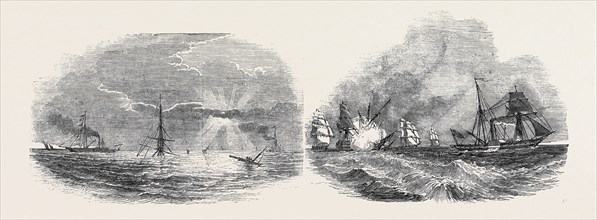 LEFT IMAGE: VIEW OF THE WRECK, AT SUNSET; RIGHT IMAGE: SUPPOSED CASE OF A STEAMER PURSUED BY AN