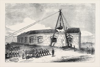 RAISING A  GUN AT THE GILKICKER BATTERY, PORTSMOUTH, 1871