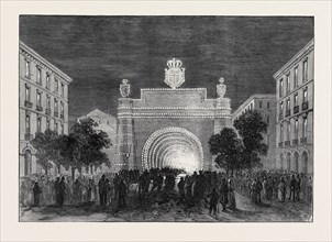 OPENING OF THE MONT CENIS TUNNEL: ILLUMINATIONS AT TURIN REPRESENTING THE TUNNEL, 1871