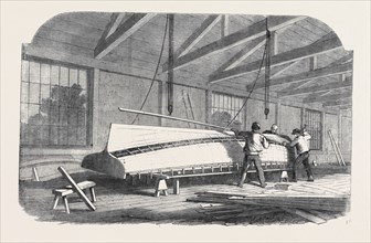 PUTTING THE PARTS TOGETHER ON THE ASSEMBLING FORM, THOMPSON'S BOATBUILDING MACHINERY