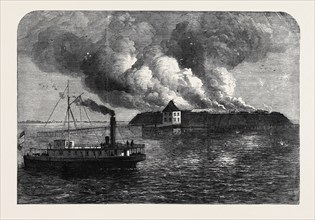 THE WAR IN AMERICA: FORT OCRACOKE, ON BEACON ISLAND, NORTH CAROLINA, DESTROYED BY FIRE ON THE 17TH