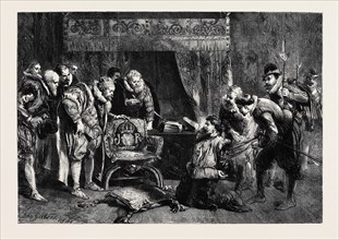 THE GUNPOWDER PLOT: GUY FAWKES BEING INTERROGATED BY JAMES I AND HIS COUNCIL IN THE KING'S