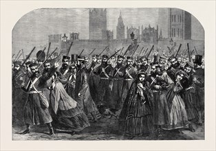 REINFORCEMENTS FOR CANADA: THE GUARDS CROSSING WESTMINSTER BRIDGE ON THEIR WAY TO THE SOUTH WESTERN