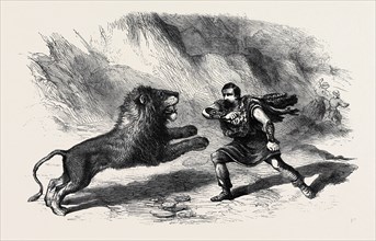 MR. CROCKETT, THE LION TAMER, "PERFORMING" WITH HIS LIONS AT ASTLEY'S THEATRE; "The Lion Conqueror;