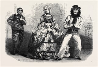 MR. W.E. WOOD IN IN THREE CHARACTERS: THOMAS GUBBINS, THE OSTLER (LEFT), LADY FRANCES FORESIGHT