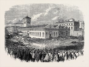 THE STRIKE AT BLACKBURN, LARGE MEETING OF OPERATIVES IN THE MARKETPLACE, 1861