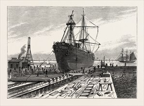 NEW YORK: PREPARING TO REMOVE THE OBELISK FROM THE HOLD OF THE STEAMER DESSOUG, AT THE CLIFTON DRY