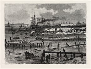 JAMAICA, THE CYCLONE OF JULY 18TH; APPEARANCE OF THE WHARVES AT KINGSTON THE DAY AFTER THE STORM