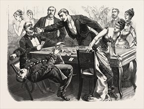 THE BLACK ROBE SCENE IN THE DRAWING-ROOM AT BOULOGNE, ROMAYNE KNOCKING DOWN THE GENERAL AT THE CARD