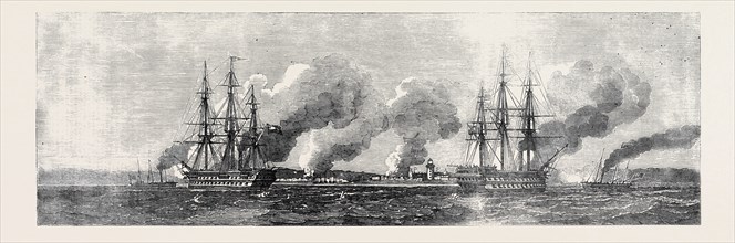 H.M.S. "EXMOUTH" AND "BLENHEIM" COVERING GUN BOATS DURING AN ATTACK ON THE FORTS AT THE MOUTH OF