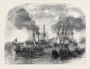 THE BOMBARDMENT OF SVEABORG: FRENCH GUN BOATS GOING TO THE BATTERY WITH SHOT AND SHELL, SKETCHED BY