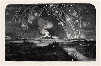 NEWS OF THE FALL OF SEBASTOPOL, SHOWER OF PARACHUTE ROCKETS AND BONFIRE, IN WOOLWICH MARSHES