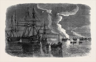 RUSSIAN FRIGATE ON FIRE IN SEBASTOPOL HARBOUR, SKETCHED BY O.W. BRIERLY